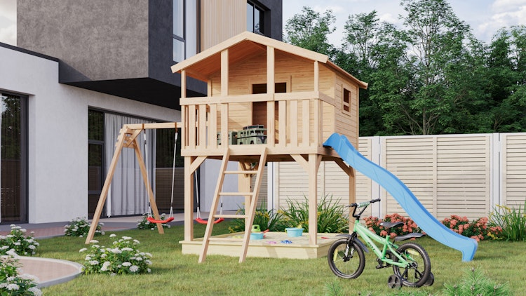 Akubi Kinderspielhaus Kinderspielgerät Benjamin inkl. Wellenrutsche und Doppelschaukelanbau Bild