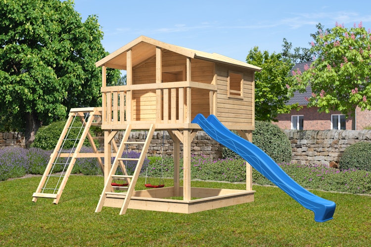 Akubi Kinderspielhaus Kinderspielgerät Benjamin inkl. Wellenrutsche und Doppelschaukelanbau mit Klettergerüst und Netzrampe Bild