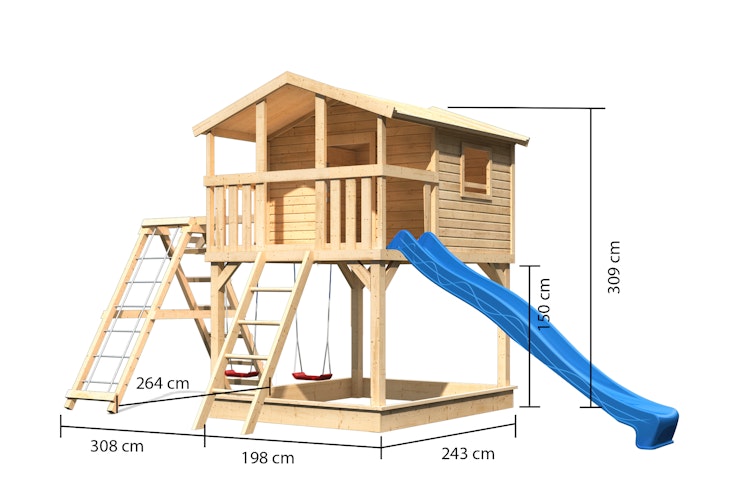 Akubi Kinderspielhaus Kinderspielgerät Benjamin inkl. Wellenrutsche und Doppelschaukelanbau mit Klettergerüst und Netzrampe Bild