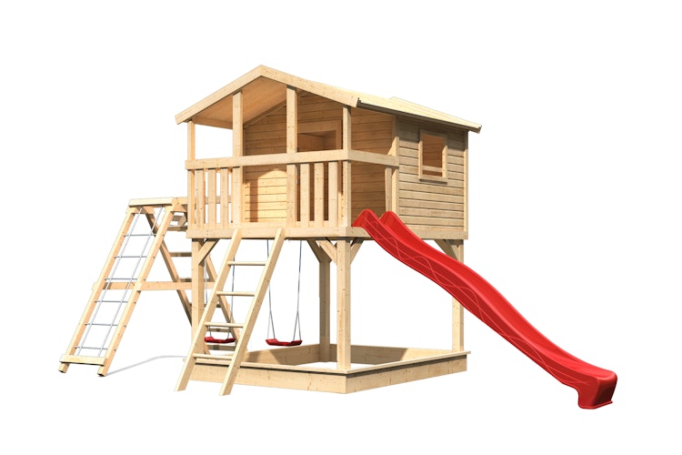 Akubi Kinderspielhaus Kinderspielgerät Benjamin inkl. Wellenrutsche und Doppelschaukelanbau mit Klettergerüst und Netzrampe Bild