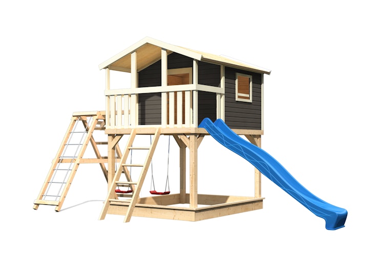 Akubi Kinderspielhaus Kinderspielgerät Benjamin inkl. Wellenrutsche und Doppelschaukelanbau mit Klettergerüst und Netzrampe