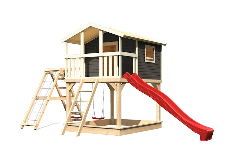 Akubi Kinderspielhaus Kinderspielgerät Benjamin inkl. Wellenrutsche und Doppelschaukelanbau mit Klettergerüst und Netzrampe