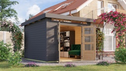 Karibu Gartenhaus Kandern 6 - 274 x 274 cm - 28 mm - Sondermodell in komplett terragrauer Lackierung inkl. gratis Innenraum-Pflegebox im Wert von 99€