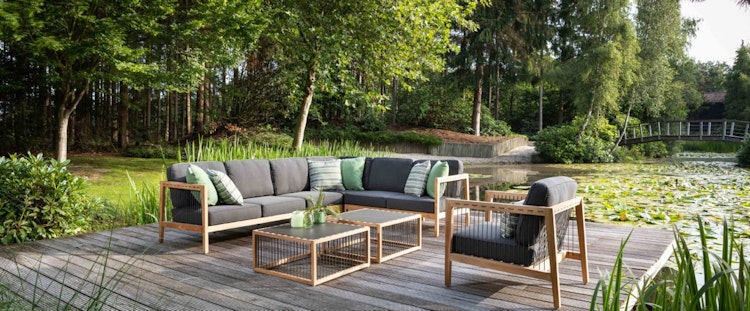 Apple Bee Loungetisch LA CROIX 70x70 cm, Teak Natural / Rope Schwarz / Leichtbeton Schwarz - Abverkauf