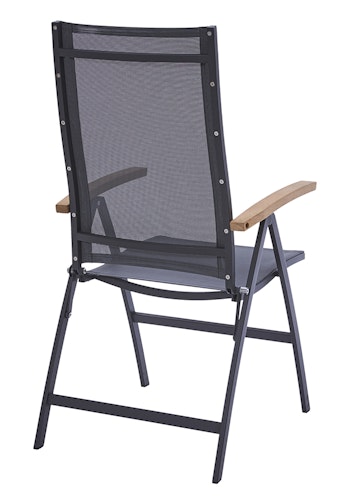 Diamond Garden Hochlehner VALENCIA, Edelstahl Dunkelgrau / Sunproof Sling Schwarz / Silber, Teak-Armlehnen