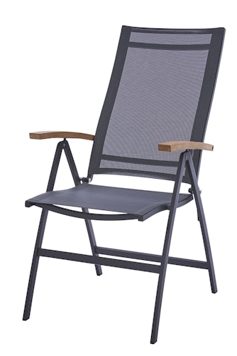Diamond Garden Hochlehner VALENCIA, Edelstahl Dunkelgrau / Sunproof Sling Schwarz / Silber, Teak-Armlehnen