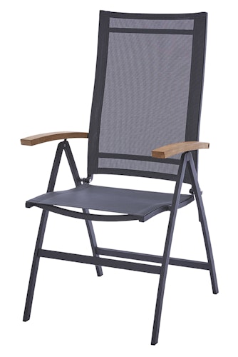 Diamond Garden Hochlehner VALENCIA, Edelstahl Dunkelgrau / Sunproof Sling Schwarz / Silber, Teak-Armlehnen