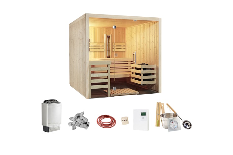 Infraworld Sauna Panorama Complete 210 Fichte - 75 mm Multifunktionssauna inkl. 5-teiligem gratis Zubehörset