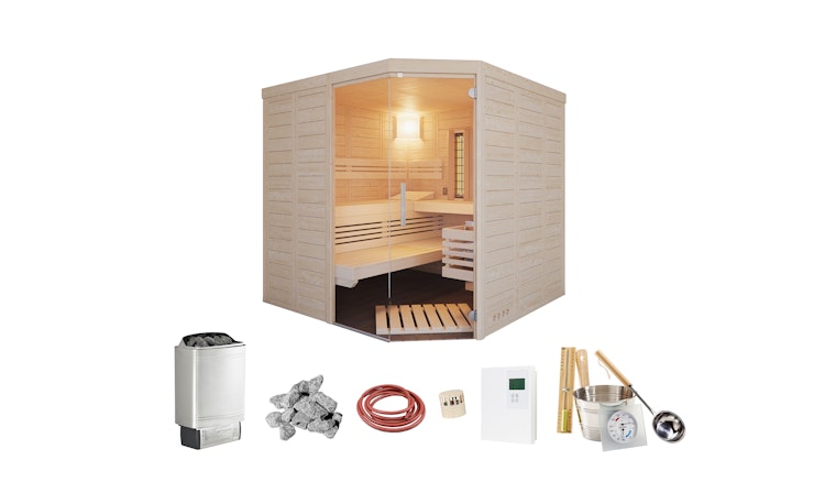 Infraworld Sauna Solido Complete 209 Ecke - 40 mm Massivholzsauna inkl. 5-teiligem gratis Zubehörset