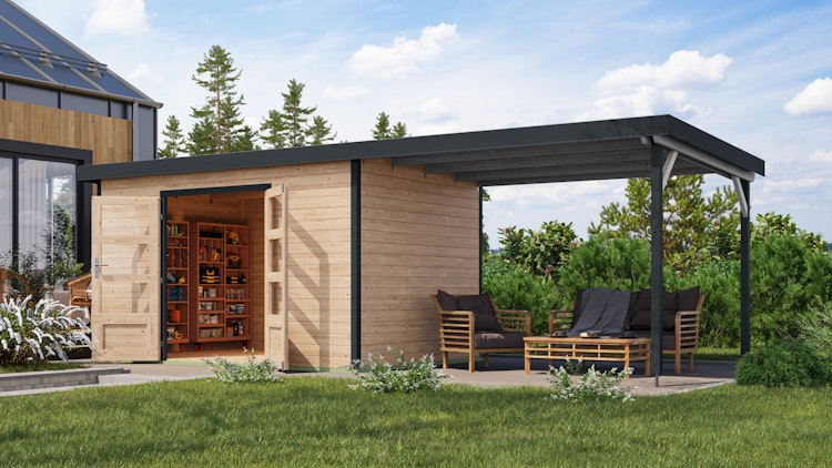 Karibu Metall-Holzgartenhaus Hybridhaus Pluto A/B/C/D - 28 mm/0,5 mm