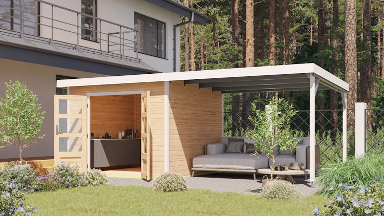 Karibu Metall-Holzgartenhaus Hybridhaus Pluto A/B/C/D - 28 mm/0,5 mm