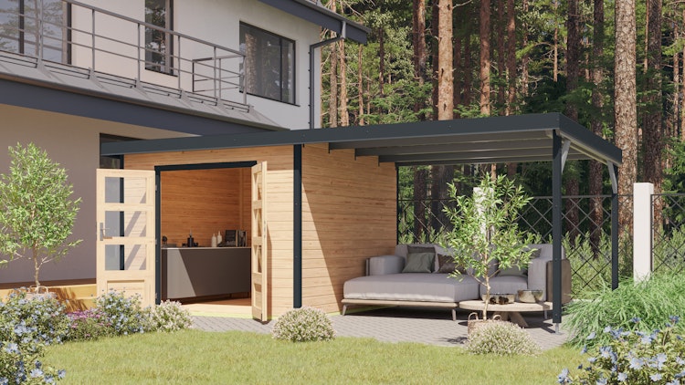 Karibu Metall-Holzgartenhaus Hybridhaus Pluto A/B/C/D - 28 mm/0,5 mm