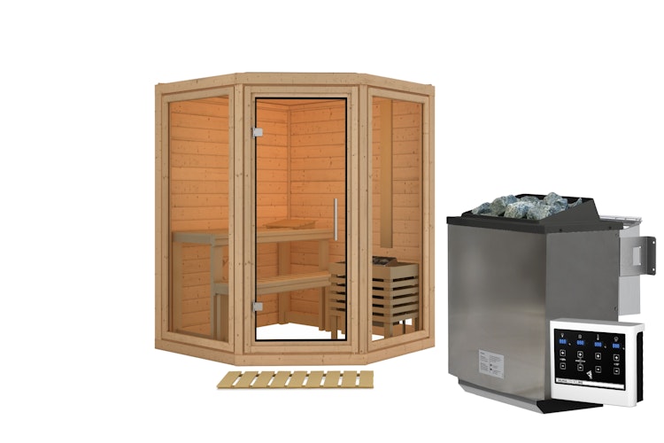 Karibu Sauna Yuma - Massivholzsauna mit Eckeinstieg 38 mm