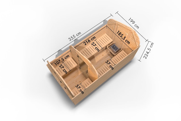 Karibu Saunahaus Fasssauna Asymmetrisch 3 - 38 mm inkl. gratis Saunaofen & 8-teiligem Zubehörpaket (Gesamtwert 741,91€)