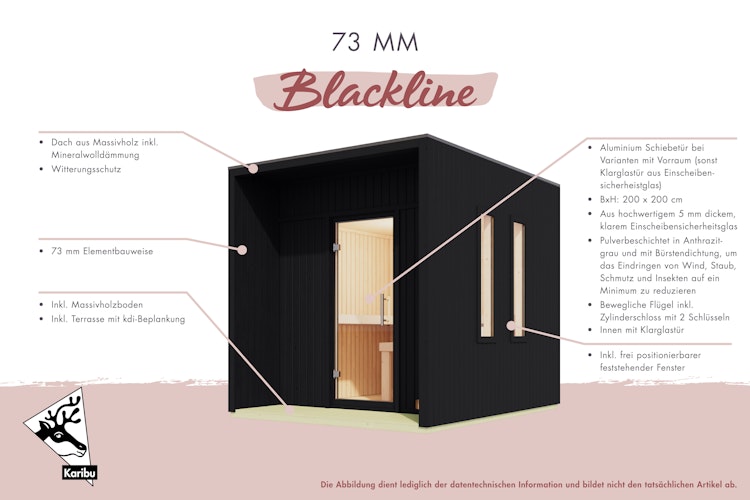 Karibu Design Saunahaus Laguna Blackline - 73 mm inkl. gratis Saunaofen & 8-teiligem Zubehörpaket (Gesamtwert 741,91€) Bild