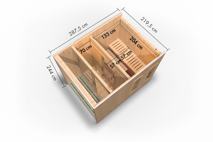 Karibu Design Saunahaus Catalina Blackline mit Vorraum - 73 mm inkl. gratis Saunaofen & 8-teiligem Zubehörpaket (Gesamtwert 1071,91€) Bild