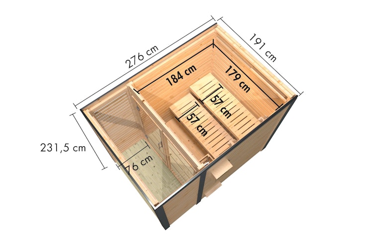 Karibu Saunahaus Ares 1 - Hybridhaus mit Metallrahmen - 38 mm inkl. gratis Saunaofen & 8-teiligem Zubehörpaket (Gesamtwert 1071,91€) Bild