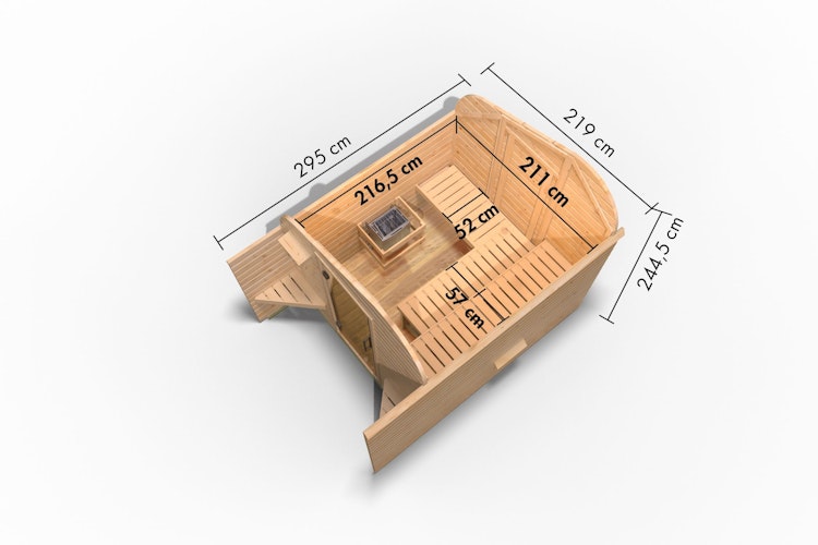 Karibu Gartensauna/Saunafass Fasshaus 2 asymmetrisch inkl. gratis Saunaofen & 8-teiligem Zubehörpaket (Gesamtwert 741,91€)