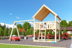 Akubi Kinderspielturm Luis mit Doppelschaukelanbau inkl. gratis Akubi Farbsystem & Kuscheltier
