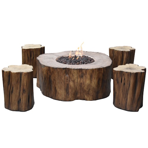 Gardenforma Sitzgruppen -Set: Gas Feuerstelle Manchester aus Faserbeton in Baumstammoptik, redwood & 4x Hocker Bild