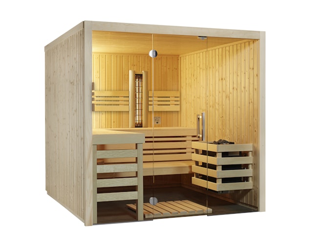 B-Ware Infraworld Sauna Panorama Complete 210 Fichte - 75 mm Multifunktionssauna inkl. 5-teiligem gratis Zubehörset Bild