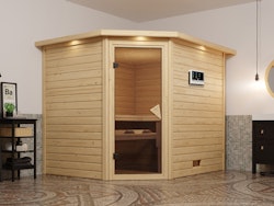 Karibu Sauna Tanami - Massivholzsauna mit Eckeinstieg 38 mm inkl. 9-teiligem gratis Zubehörpaket
