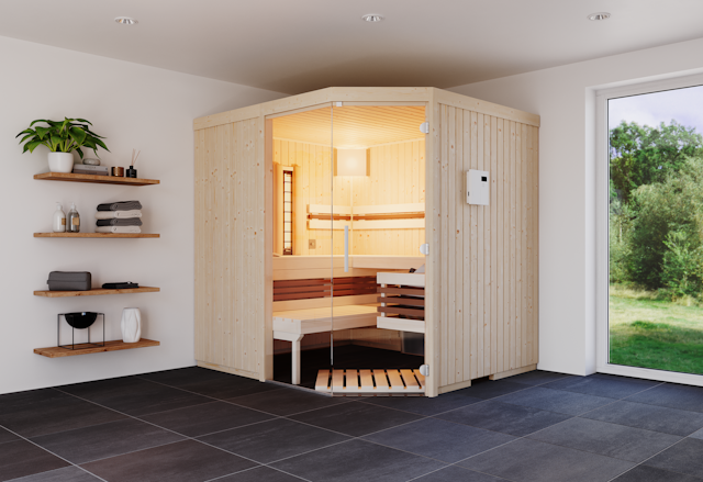 Infraworld Sauna Safir Saunashop Complete mit gratis | 5-teiligem Holzrahmen Fichte massivem inkl. Zubehörset