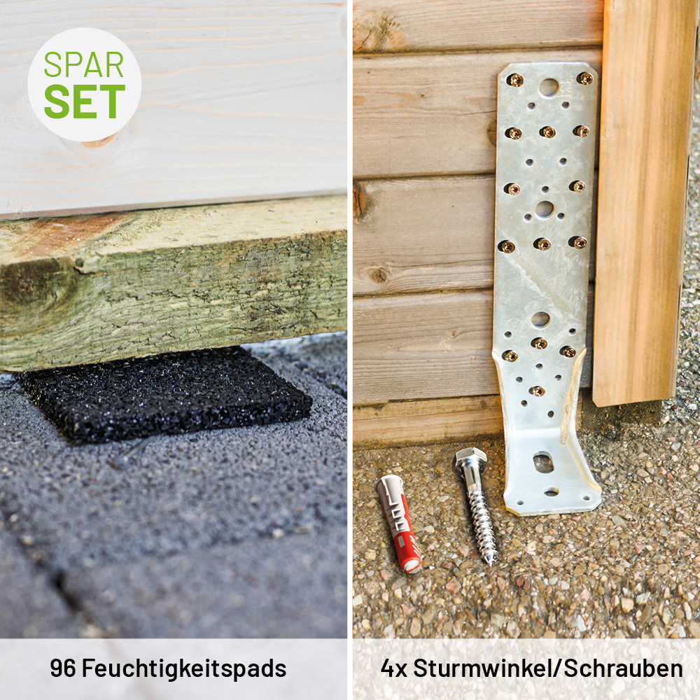 Zubehörset für Gartenhäuser bestehend aus 96 Feuchtigkeitspads und 4 Sturmwinkeln inkl. Befestigungsmaterial