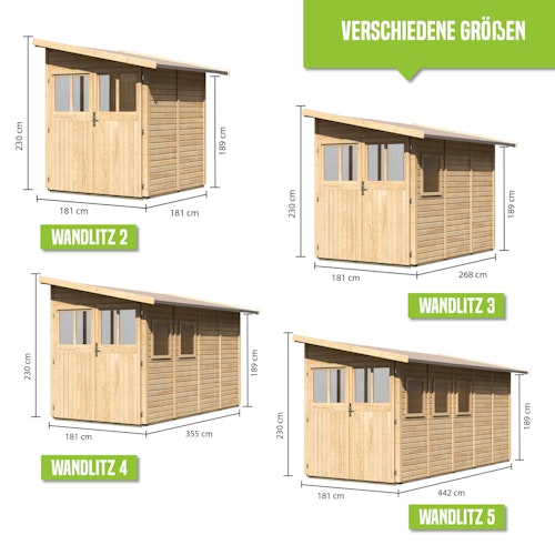 Karibu Premium Anlehn-Gartenhaus Gerätehaus Juist/Wandlitz 2/3/4/5 - 19 mm inkl. gratis Innenraum-Pflegebox im Wert von 99€