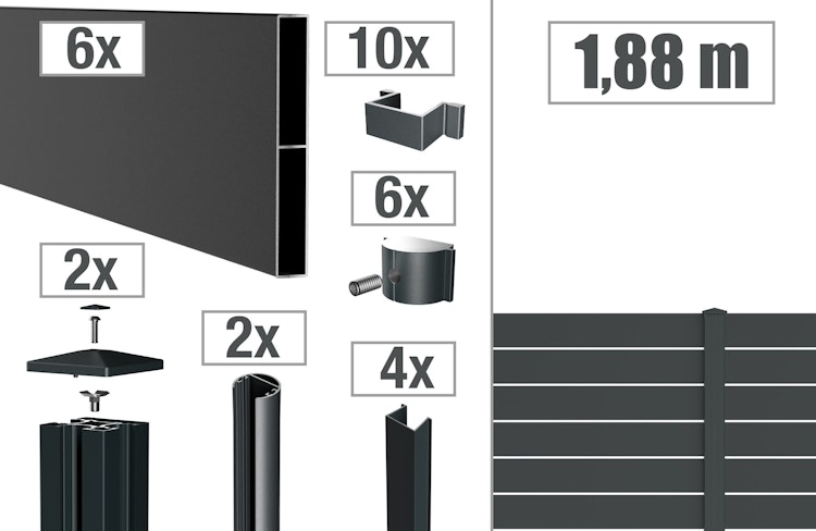 dz Alu Steckzaun-Komplettset VIDUAL Line 150 Distanz 10 mm zum Einbetonieren