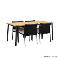 Apple Bee ELLE BELT Dining-Set, Tisch 180 x 95 cm + 4 Stühle, Aluminium Schwarz / Teak Natural / Rope Schwarz