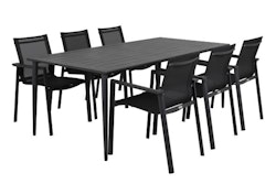 Brafab 6er Dining-Set DELIA, Tisch 200 x 97 cm + 6 Stühle, Aluminium Schwarz / Kunststoffgewebe Schwarz