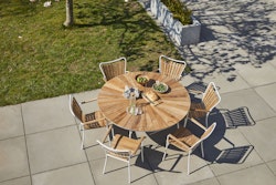 Cinas Gartenmöbel Set ELLEN, Klapptisch Ø 150 cm + 6 Sessel, Aluminium Weiß / Teak