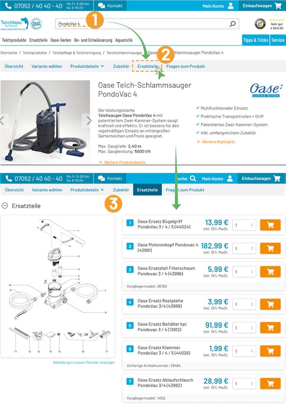 Oase Ersatzteile finden Schritt für Schritt