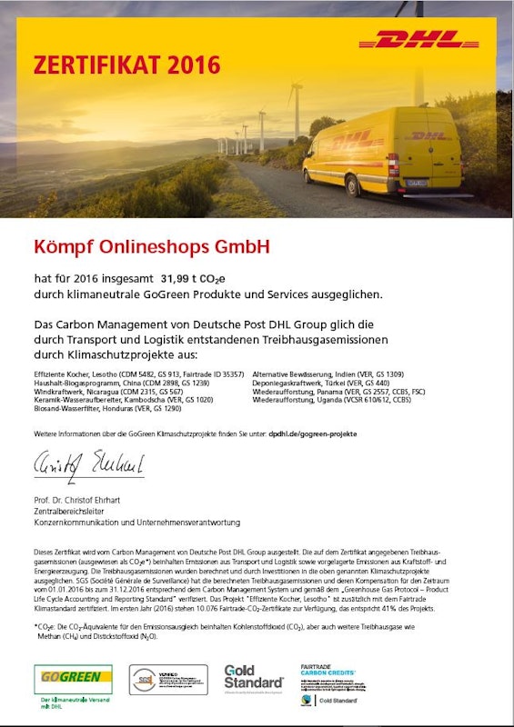 DHL GoGreen Zertifikat 2016
