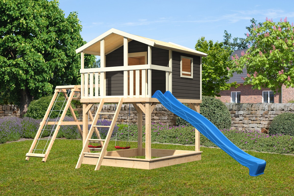 Kinderspielhaus Kinderspielgerät Benjamin inkl. Wellenrutsche und Doppelschaukelanbau mit Klettergerüst und Netzrampe Akubi Kinderspielhaus Kinderspielgerät Benjamin inkl. Wellenrutsche und Doppelschaukelanbau mit Klettergerüst und Netzrampe