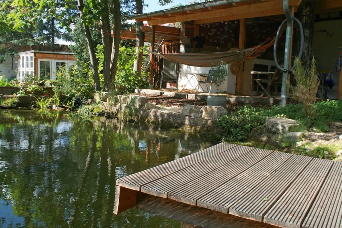 Schwimmteich mit Holzsteg, Bar und Hängematte