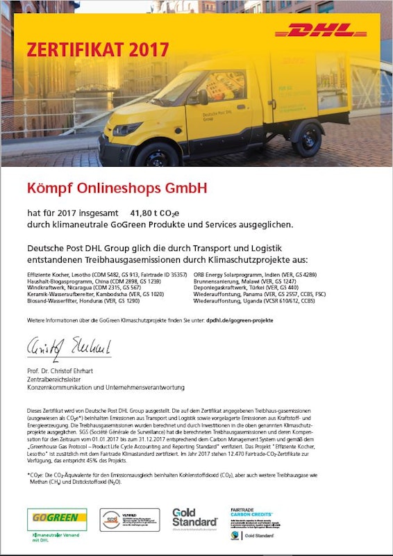 DHL GoGreen Zertifikat 2017