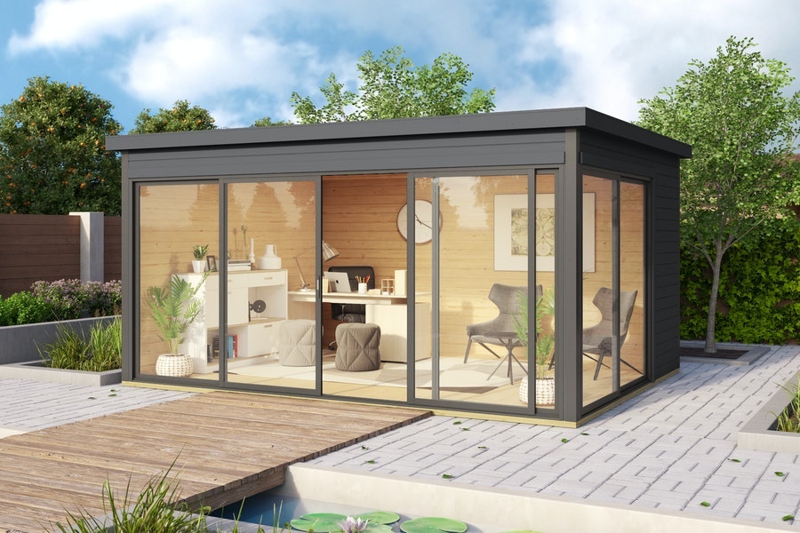 Ein modernes Gartenhaus wie das Designhaus von Weka ist ideal als Gartenbüro im Homeoffice geeignet