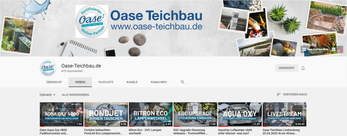 Youtubekanal von Oase Teichbau.de mit vielen informativen Videos rund um das anlegen und pflegen Ihres Gartenteichs mit Produkten von Oase