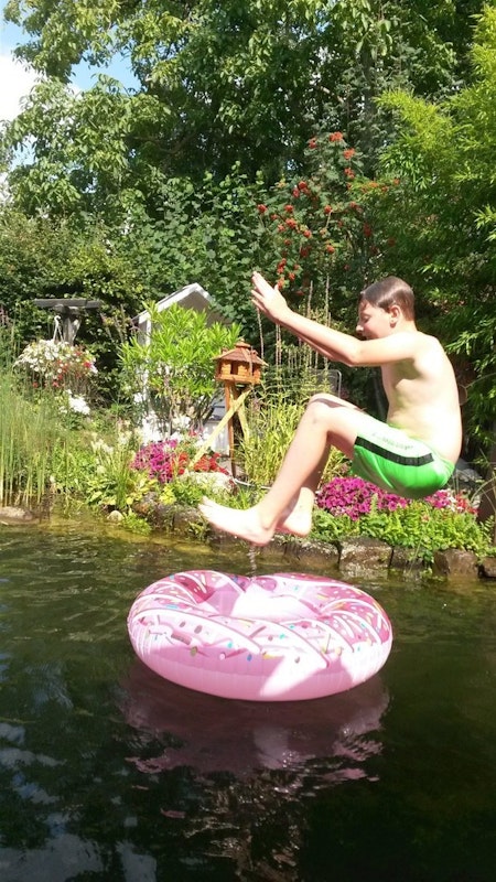 Junge springt in Teich