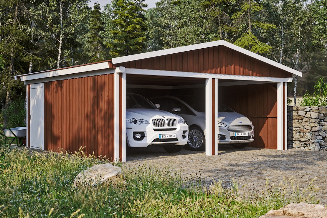 Das Holzgaragenmodell Falun von Skanholz bietet Rundumschutz für zwei Autos