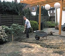 Teichbau Schritt 2: Teichumrisse werden mit Sand makiert.