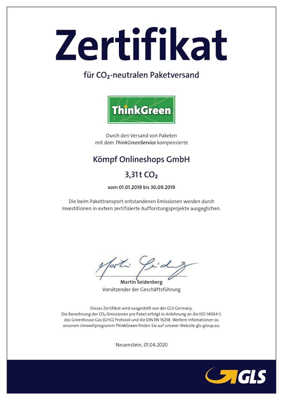 Zertifikat für CO2-netralen Paketversand von GLS