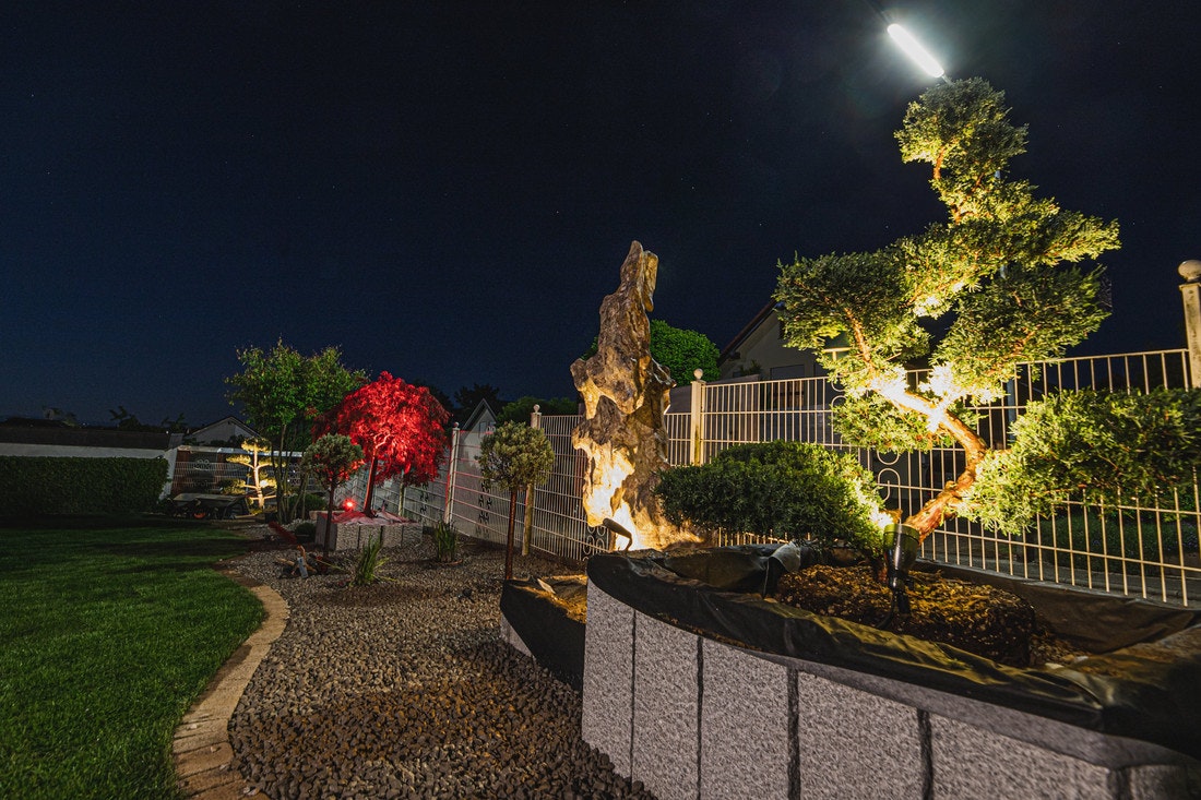 Ein beleuchteter Garten mit LED Spots und RGB Farblichter der Heissner SMART LIGHTS Serie