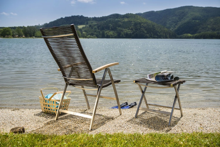 Diamond Garden Hochlehner ATLANTA, Edelstahl / Rope Mocca / Teak-Armlehnen