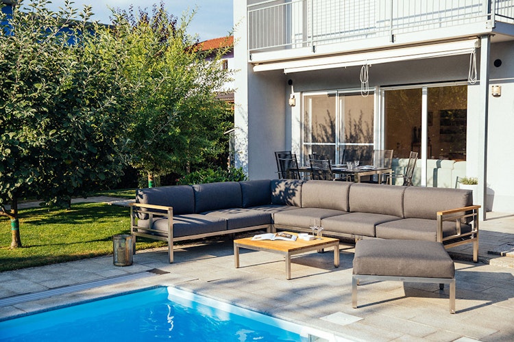 Diamond Garden 2er Loungesofa GOMERA Sun & Rain rechts, Edelstahl / Tuvatextil (100 % Polyacryl) Schwarz/Silber