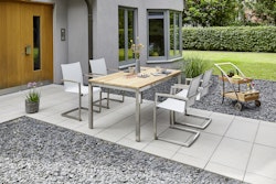 Diamond Garden Dining-Set SALERNO, Tisch + 4 Stühle, Edelstahl /  Recycled Teak / Kunststoffgewebe Silber/Weiß