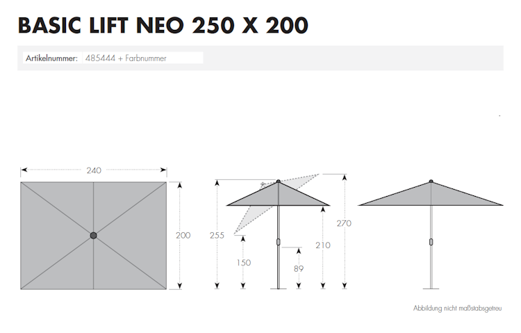 Derby Mittelmastschirm BASIC 250 x 200 Lift, Aluminium Anthrazit / 100 % Polyester 180 g/m²