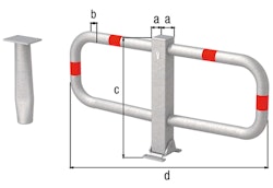 Alberts® Parkplatzbügel Stoppy I umlegb.,Dreik.,fvz.,4 rote Ringe,z.Aufschr.,B950mm 770075